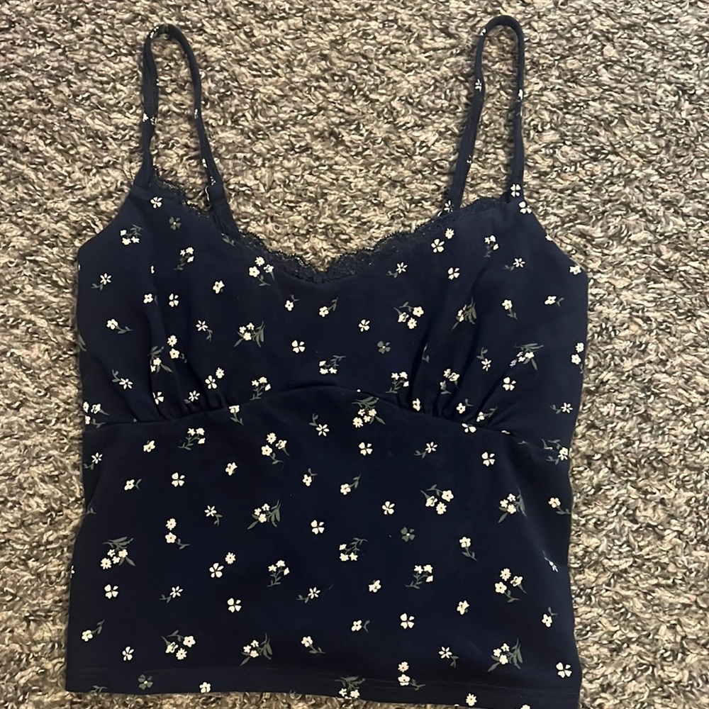 Hollister dark blue flower cami top with lacing size small